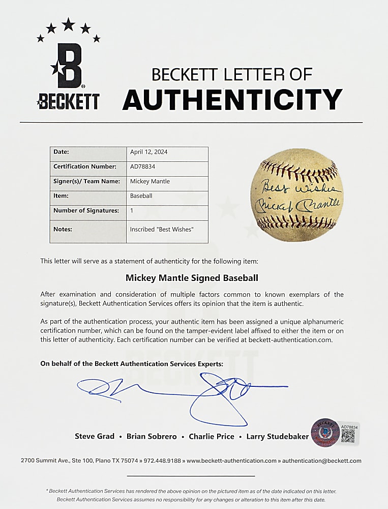 Mickey Mantle Single-Signed Baseball with "Best Wishes" Inscription - Beckett