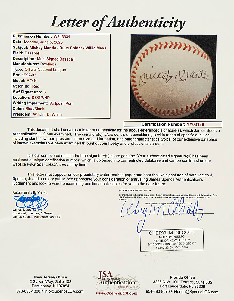 Mickey Mantle, Willie Mays, and Duke Snider Multi-Signed Baseball - JSA