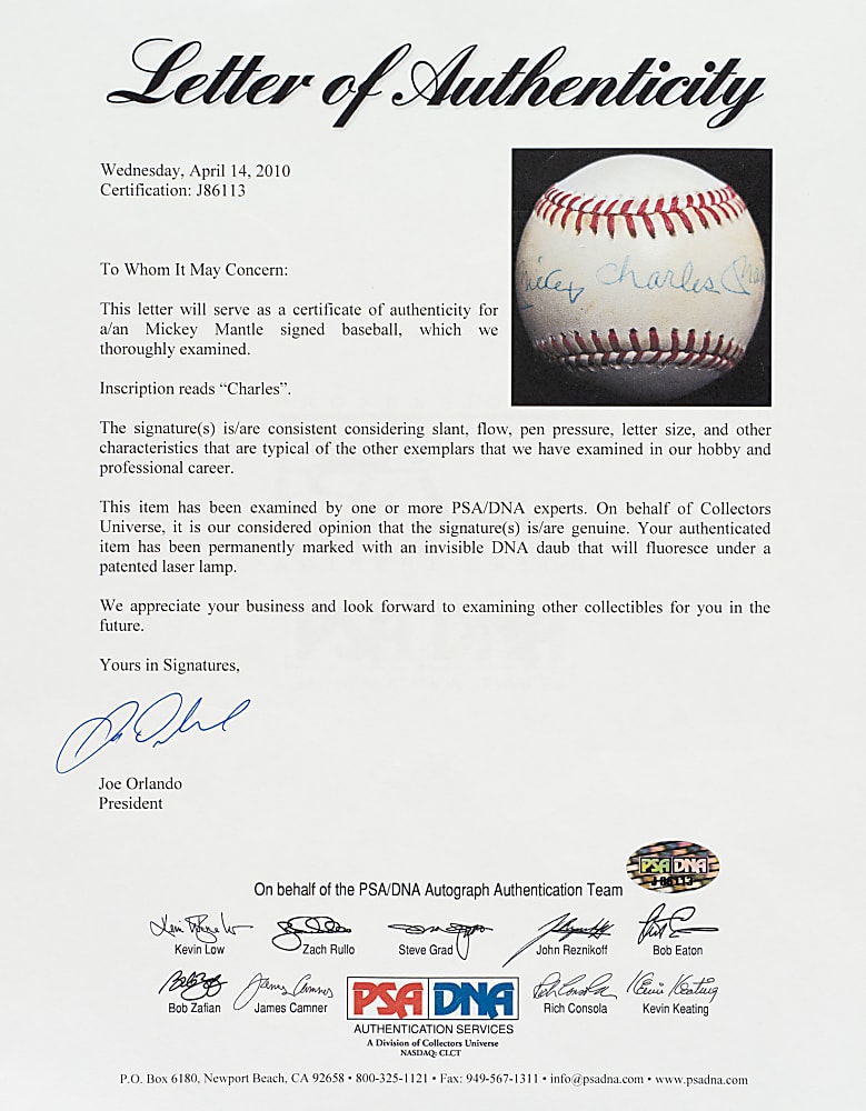 "Mickey Charles Mantle" Full-Name Single-Signed Baseball - PSA/DNA