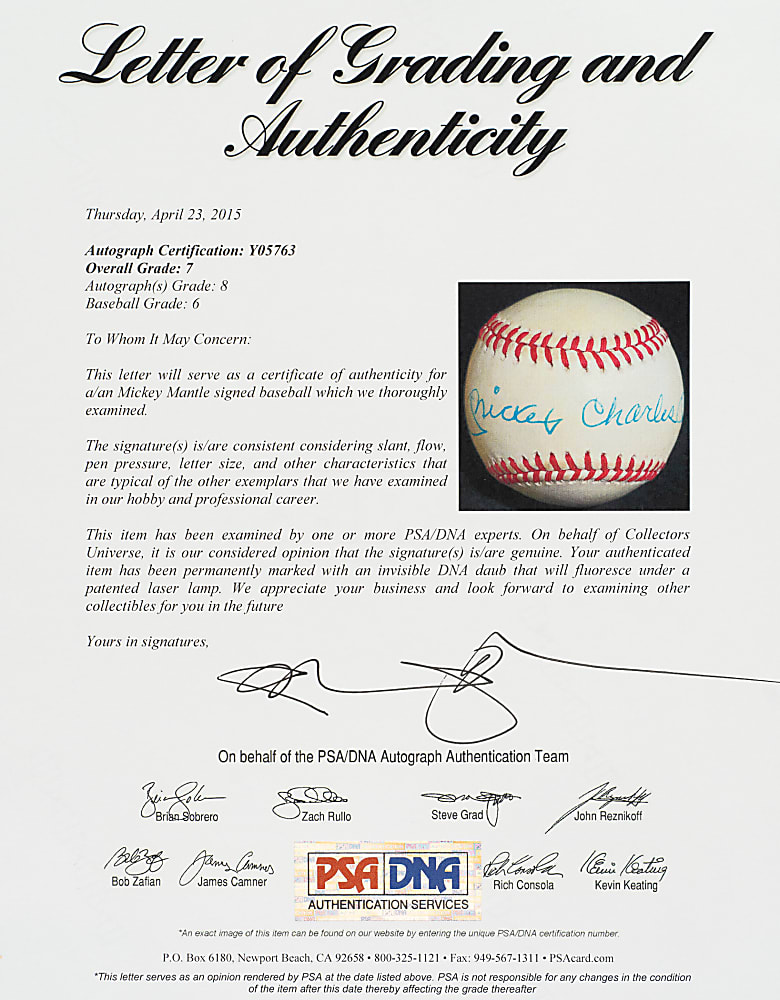 "Mickey Charles Mantle" Full-Name Single-Signed Baseball PSA/DNA NM-MT 8