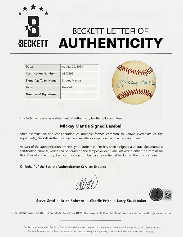 "Mickey Charles Mantle" Full-Name Single-Signed Baseball PSA/DNA NM-MT 8