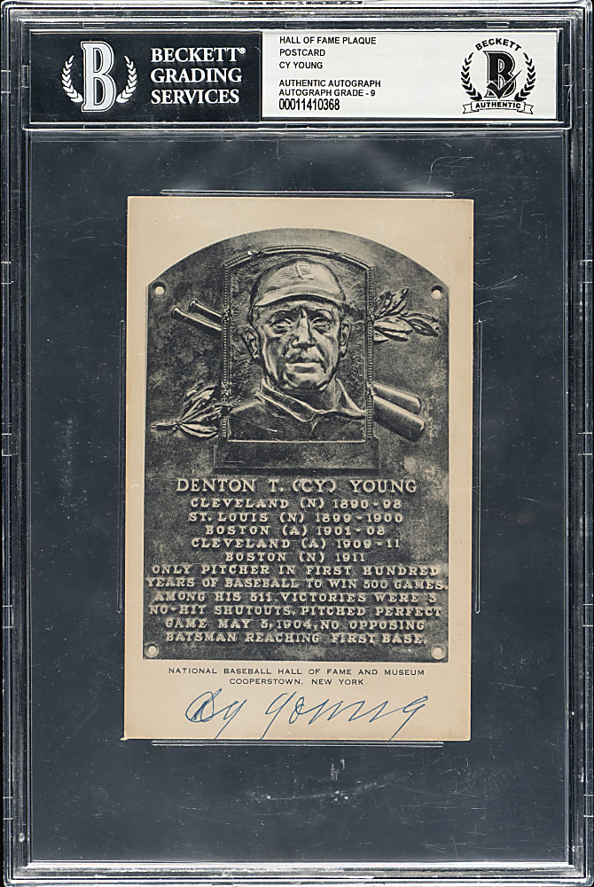 Signed 1953-1955 Artvue (Type 1) Black-and-White Hall of Fame Postcard Cy Young Beckett MINT 9