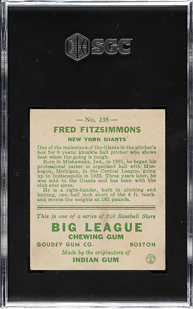1933 R319 Goudey #235 Fred Fitzsimmons SGC NM 7