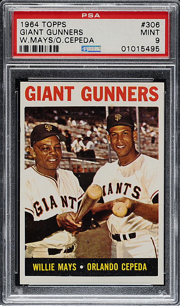 1964 Topps #306 Giant Gunners with Willie Mays and Orlando Cepeda PSA MINT 9