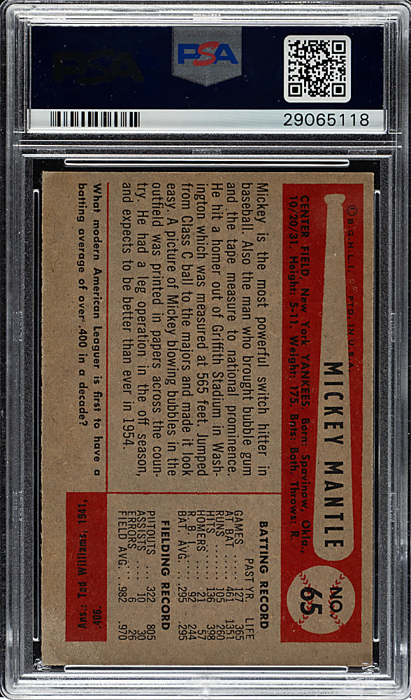 1954 Bowman #65 Mickey Mantle PSA EX-MT 6