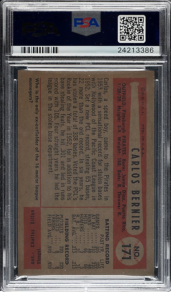1954 Bowman #171 Carlos Bernier PSA GEM MINT 10