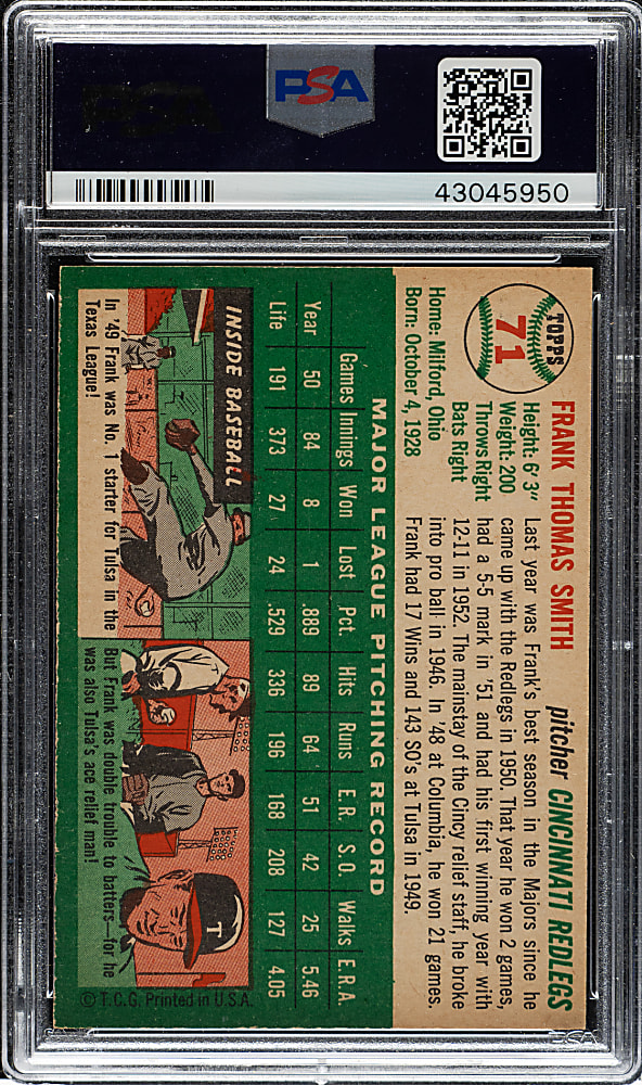 1954 Topps #71 Frank Smith PSA MINT 9