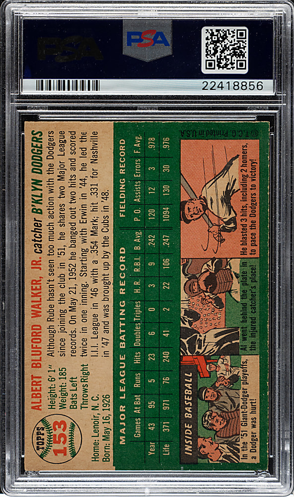 1954 Topps #153 Rube Walker PSA MINT 9