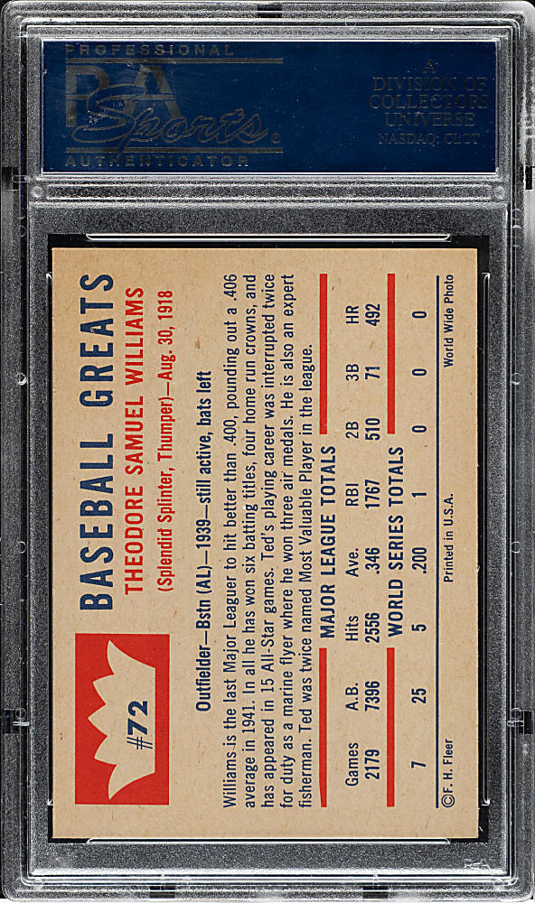 1960 Fleer Baseball Greats #72 Ted Williams PSA MINT 9