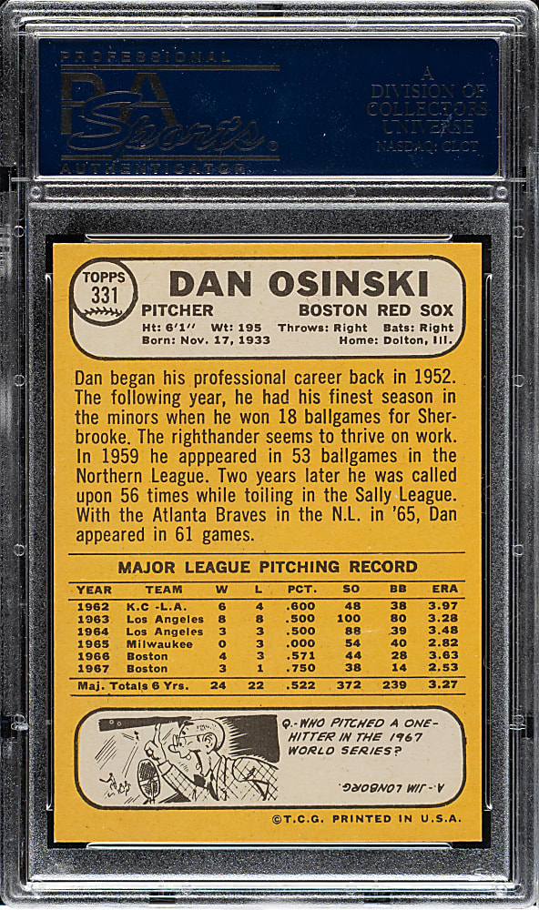 1968 Topps #331 Dan Osinski PSA GEM MINT 10