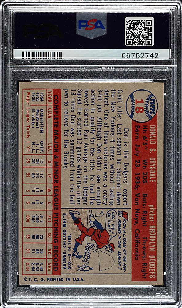 1957 Topps #18 Don Drysdale Rookie PSA NM-MT 8