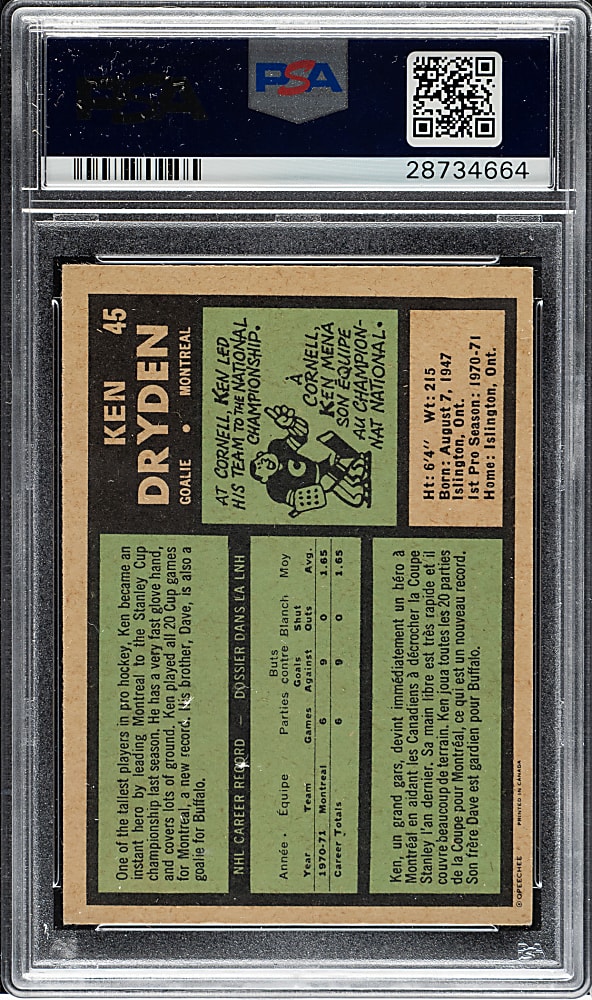 1971-1972 O-Pee-Chee Hockey #45 Ken Dryden Rookie PSA NM-MT 8