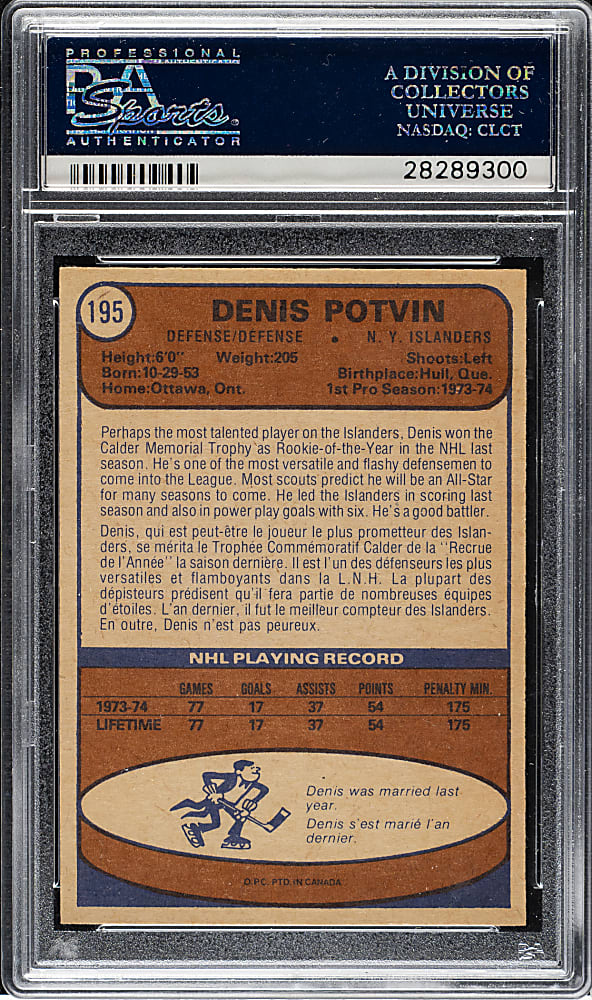 1974-1975 O-Pee-Chee Hockey #195 Denis Potvin Rookie PSA GEM MINT 10
