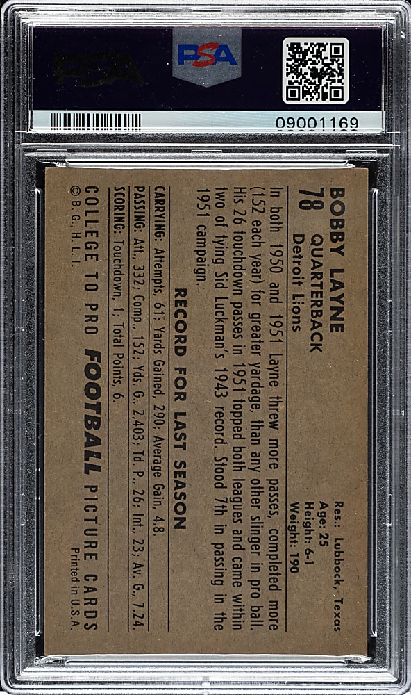 1952 Bowman Large Football #78 Bobby Layne PSA NM-MT 8