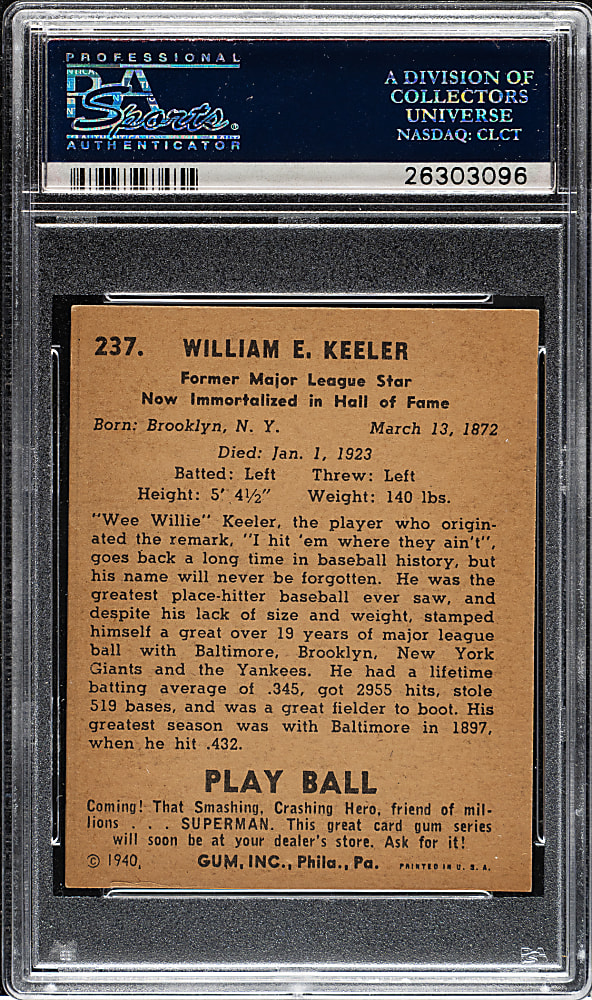 1940 R335 Play Ball #237 Wee Willie Keeler PSA NM-MT 8