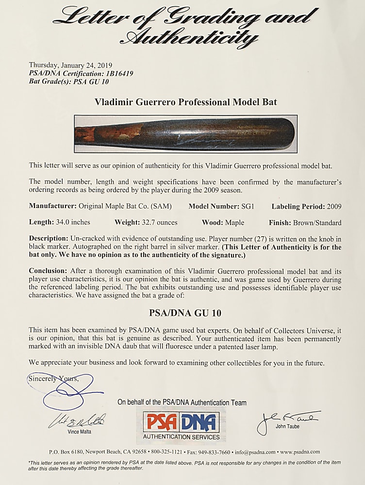 2009 Vladimir Guerrero Los Angeles Angels Signed Game-Used Bat PSA/DNA GU 10