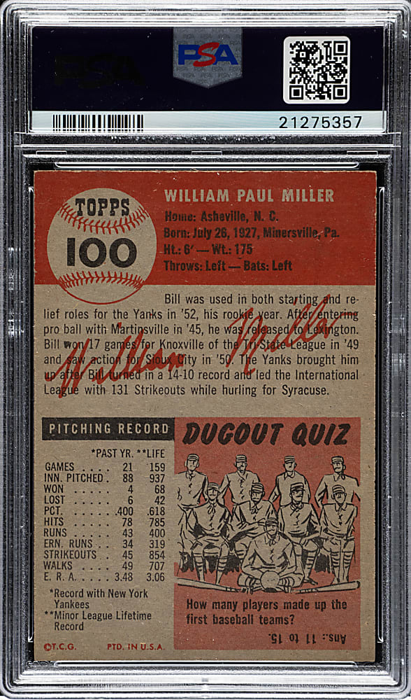 1953 Topps #100 Bill Miller PSA NM-MT 8