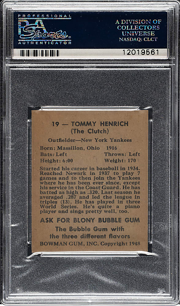 1948 Bowman #19 Tommy Henrich PSA MINT 9