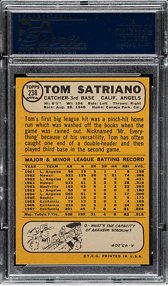 1968 Topps #238 Tom Satriano PSA GEM MINT 10