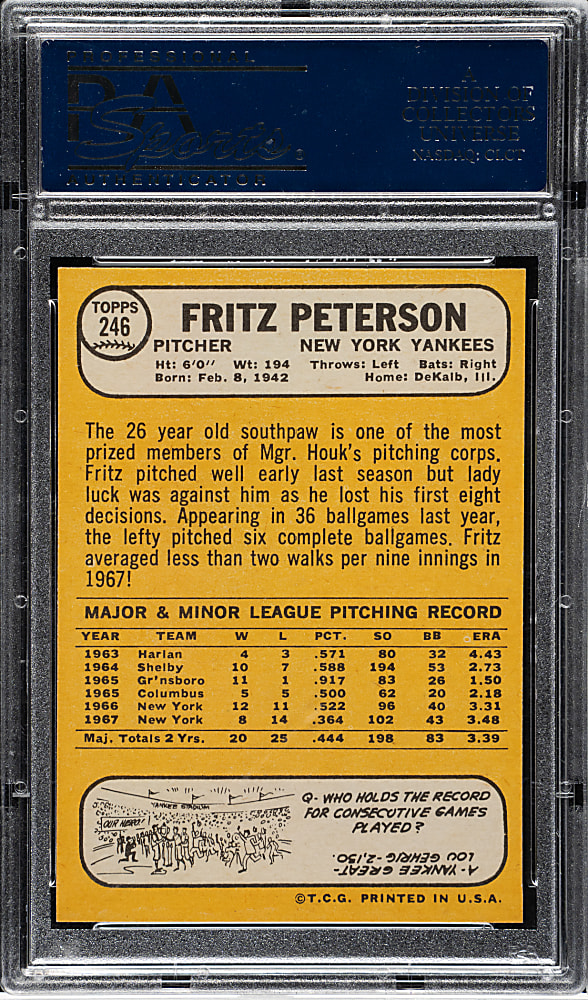 1968 Topps #246 Fritz Peterson PSA GEM MINT 10