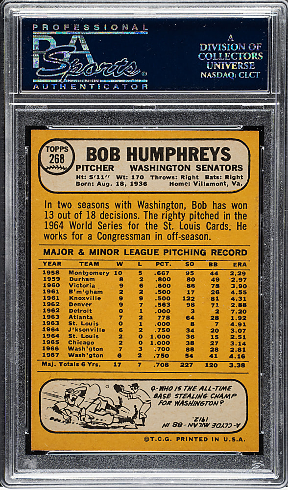 1968 Topps #268 Bob Humphreys PSA GEM MINT 10