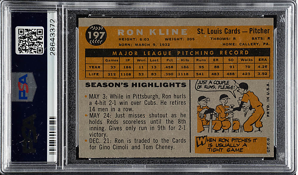 1960 Topps #197 Ron Kline PSA MINT 9