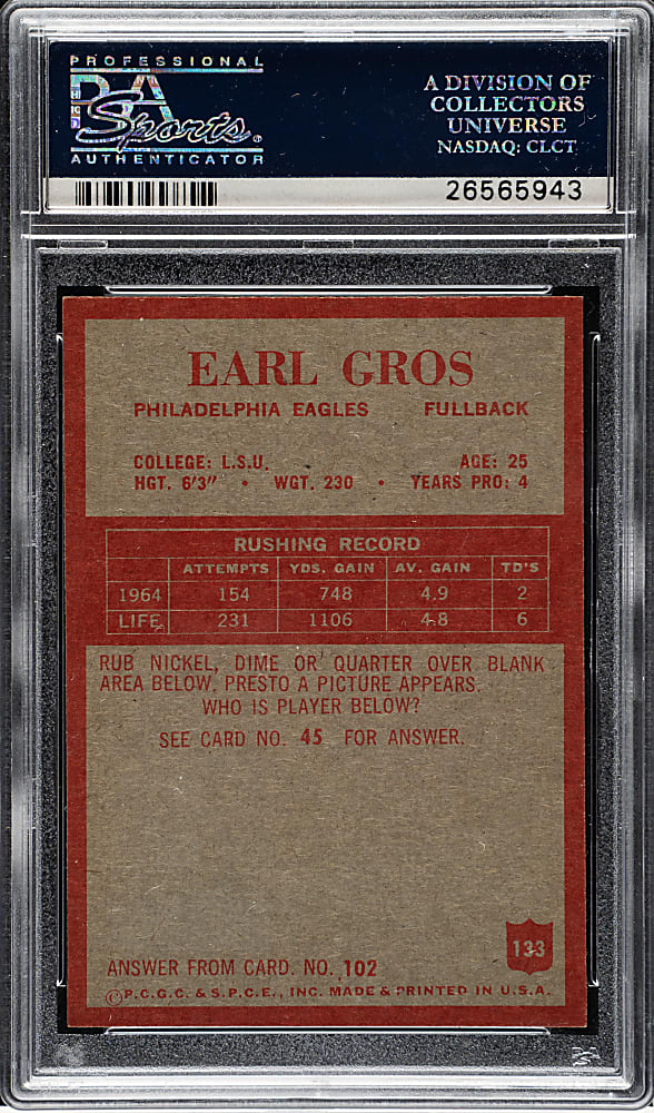 1965 Philadelphia Football #133 Earl Gros PSA MINT 9
