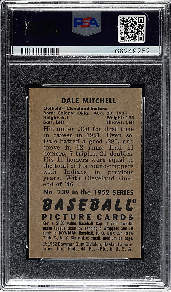1952 Bowman #239 Dale Mitchell PSA MINT 9
