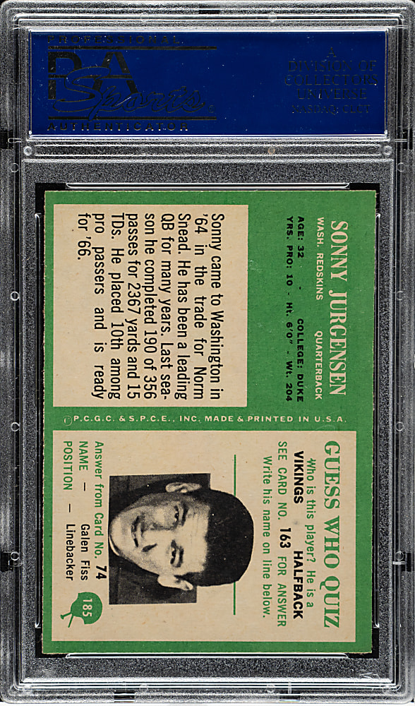 1966 Philadelphia Football #185 Sonny Jurgensen PSA MINT 9