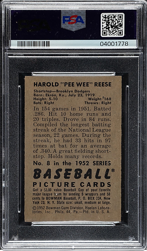 1952 Bowman #8 Pee Wee  Reese PSA MINT 9