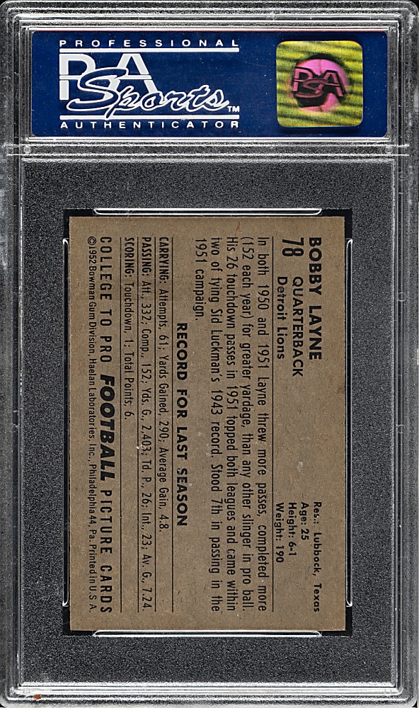 1952 Bowman Small Football #78 Bobby Layne PSA NM-MT 8