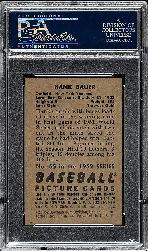 1952 Bowman #65 Hank Bauer PSA MINT 9