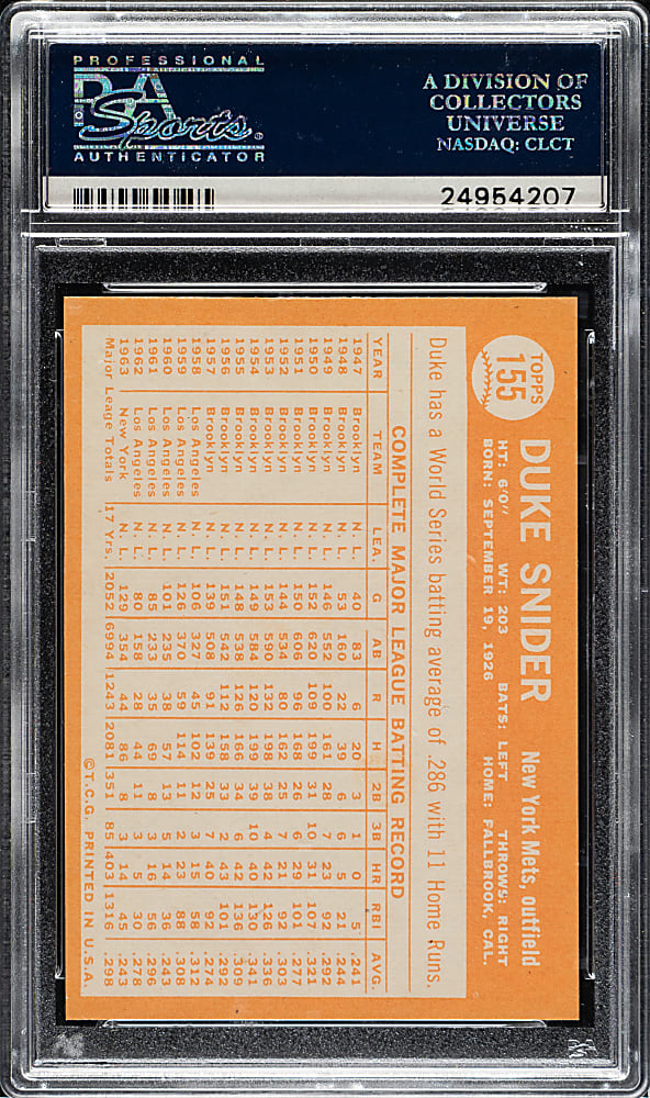 1964 Topps #155 Duke Snider PSA GEM MINT 10