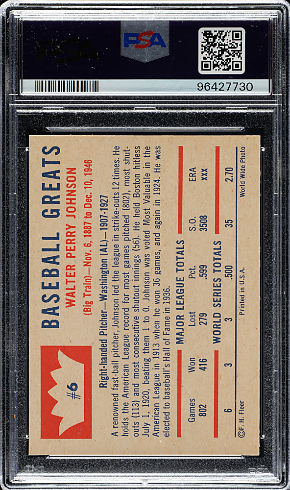1960 Fleer #6 Walter Johnson PSA GEM MINT 10