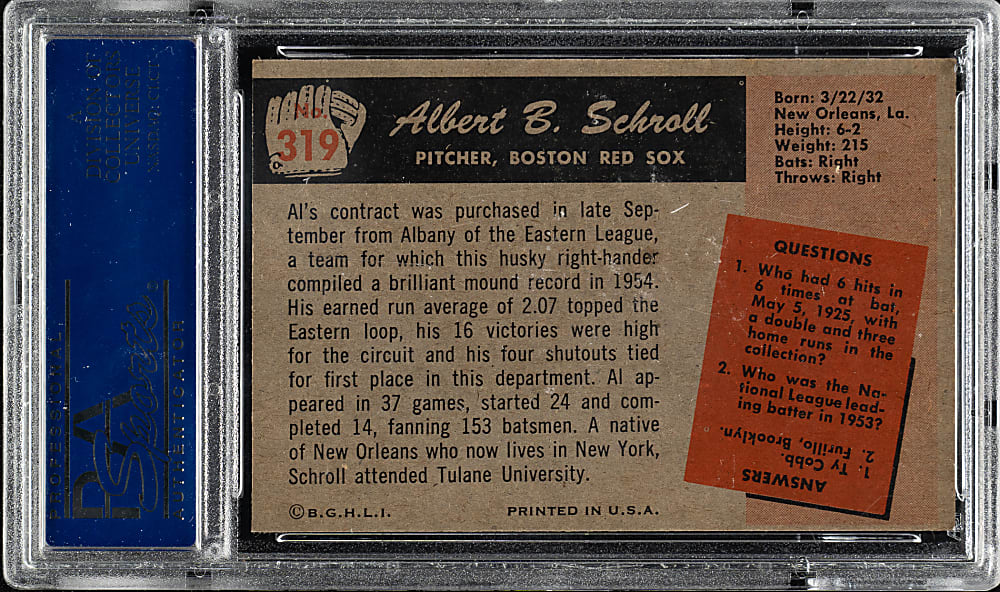 1955 Bowman #319 Albert Schroll PSA NM-MT 8