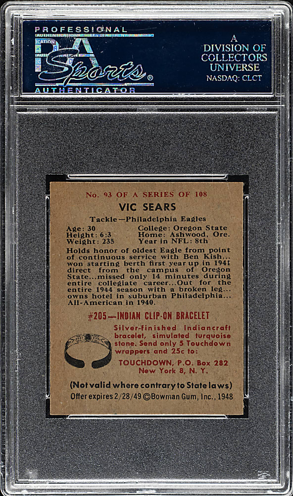 1948 Bowman Football #93 Vic Sears PSA NM-MT+ 8.5