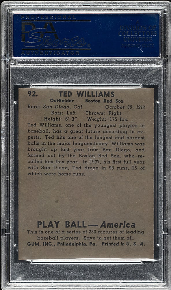 1939 R334 Play Ball #92 Ted Williams Rookie PSA NM-MT 8
