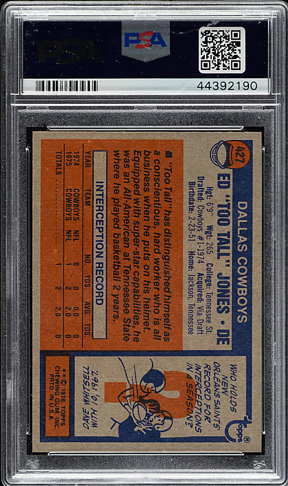1976 Topps Football #427 Ed "Too Tall" Jones Rookie PSA GEM MINT 10
