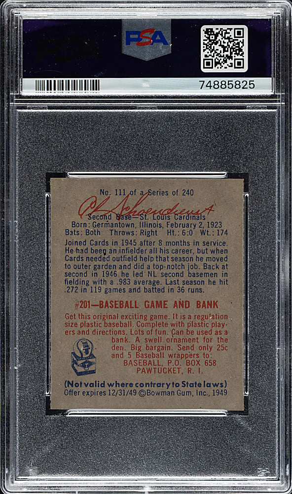 1949 Bowman #111 Red Schoendienst PSA MINT 9