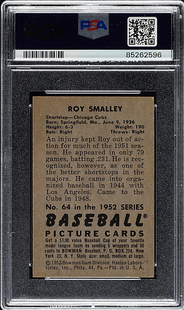 1952 Bowman #64 Roy Smalley PSA MINT 9