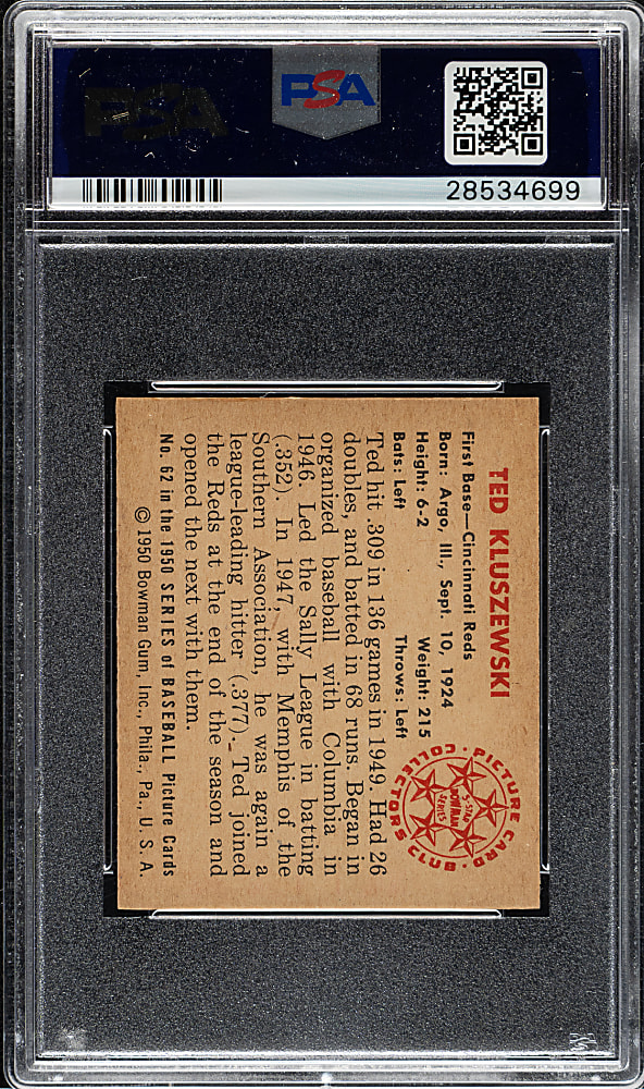 1950 Bowman #62 Ted Kluszewski PSA MINT 9