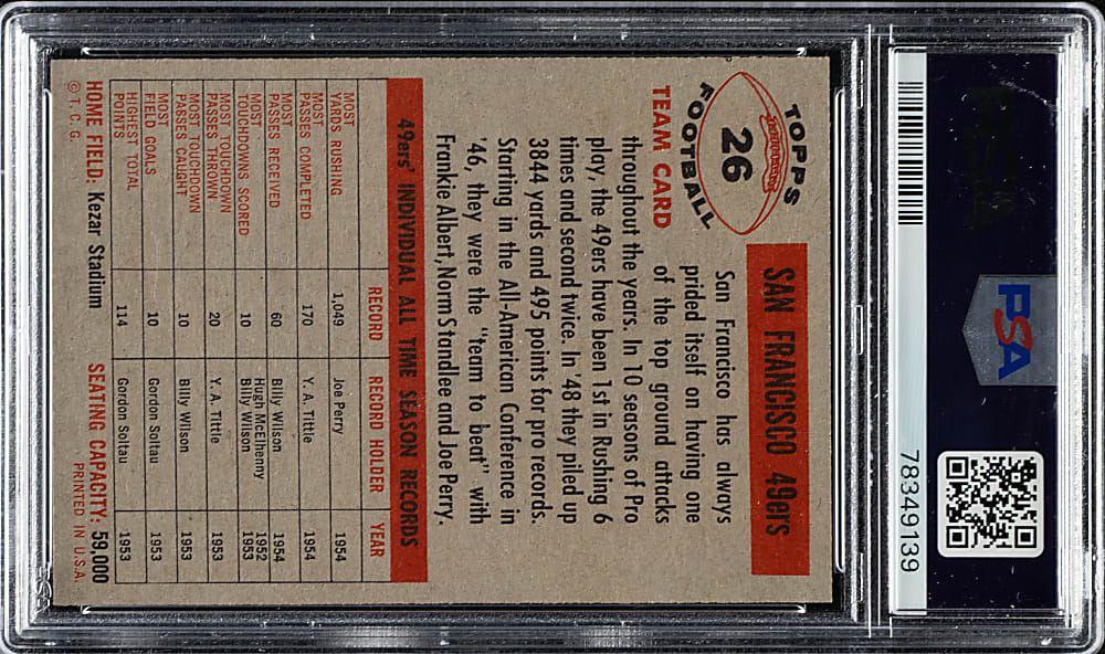 1956 Topps Football #26 San Francisco 49ers PSA GEM MINT 10