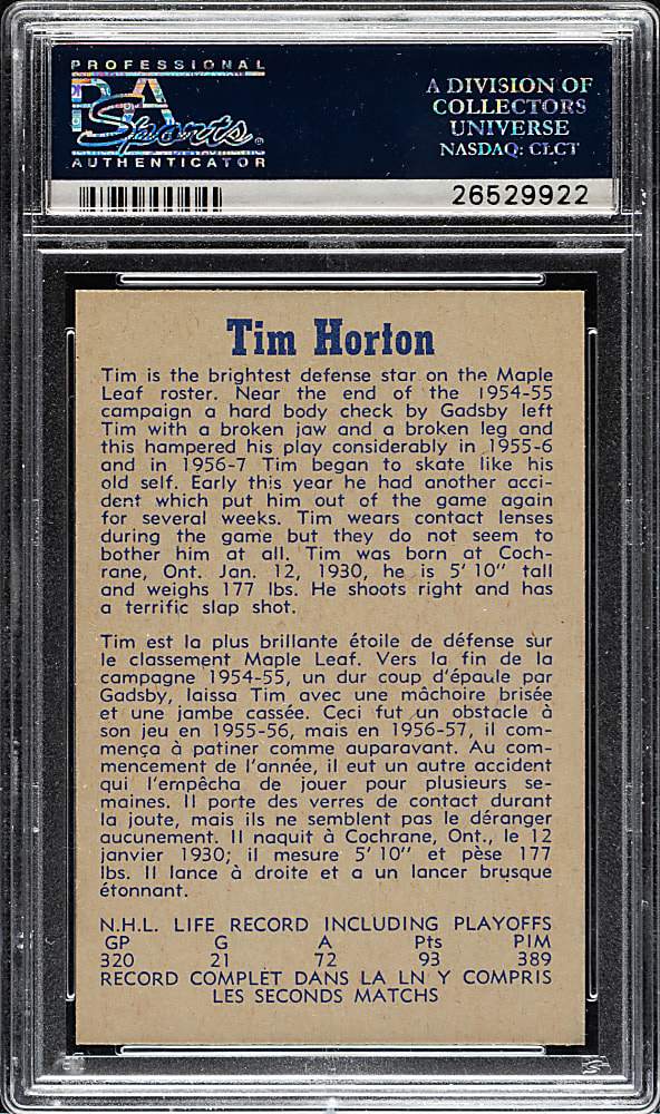 1957-1958 Parkhurst Hockey #22 Tim Horton PSA MINT 9