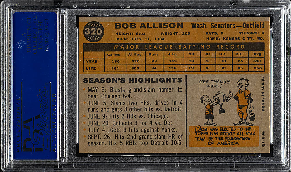 1960 Topps #320 Bob Allison PSA MINT 9