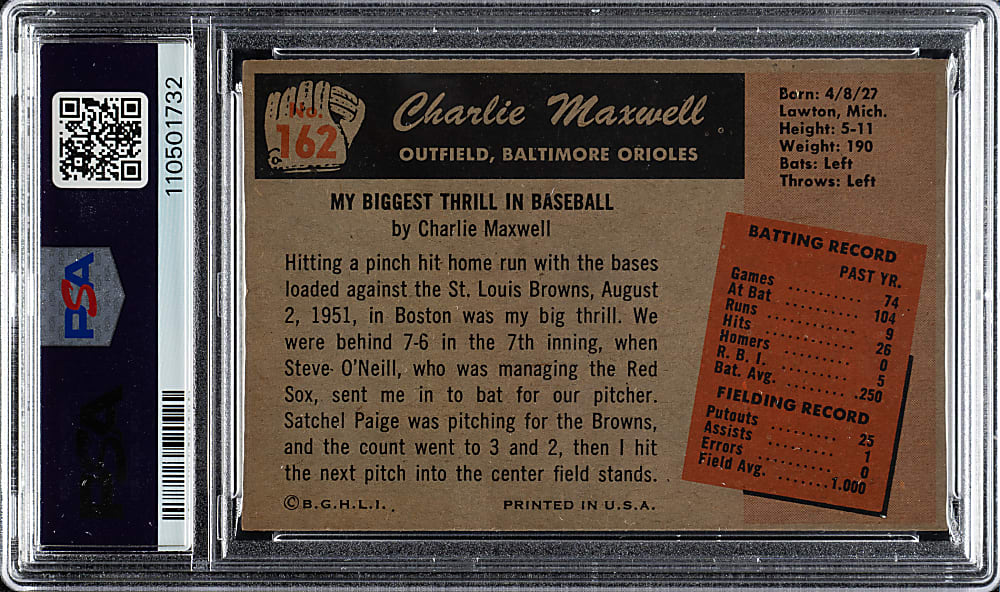 1955 Bowman #162 Charlie Maxwell PSA MINT 9