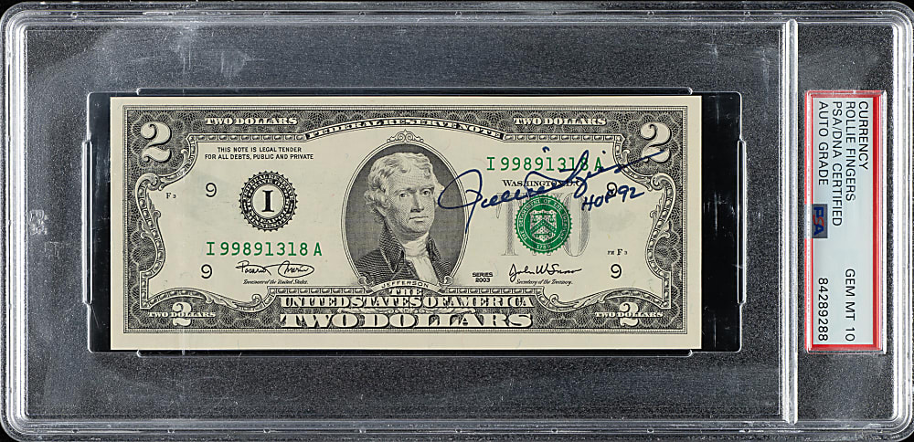 Rollie Fingers Signed Two Dollar Bill PSA/DNA GEM MINT 10