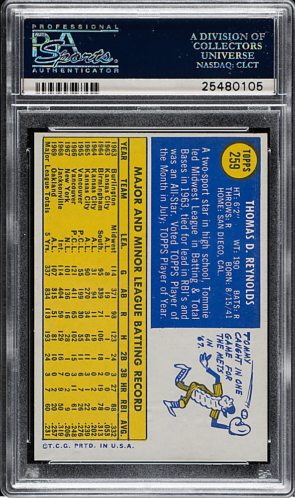 1970 Topps #259 Tommy Reynolds PSA GEM MINT 10 - 1 of 4!