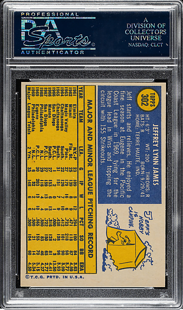 1970 Topps #302 Jeff James PSA GEM MINT 10 - 1 of 2!
