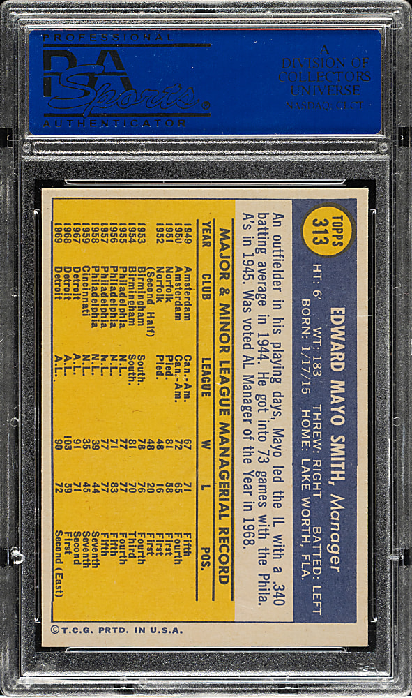 1970 Topps #313 Mayo Smith PSA GEM MINT 10 - 1 of 4!