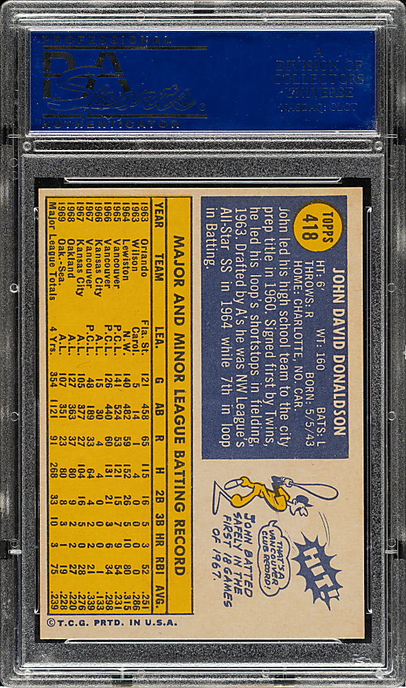 1970 Topps #418 John Donaldson PSA GEM MINT 10 - 1 of 2!